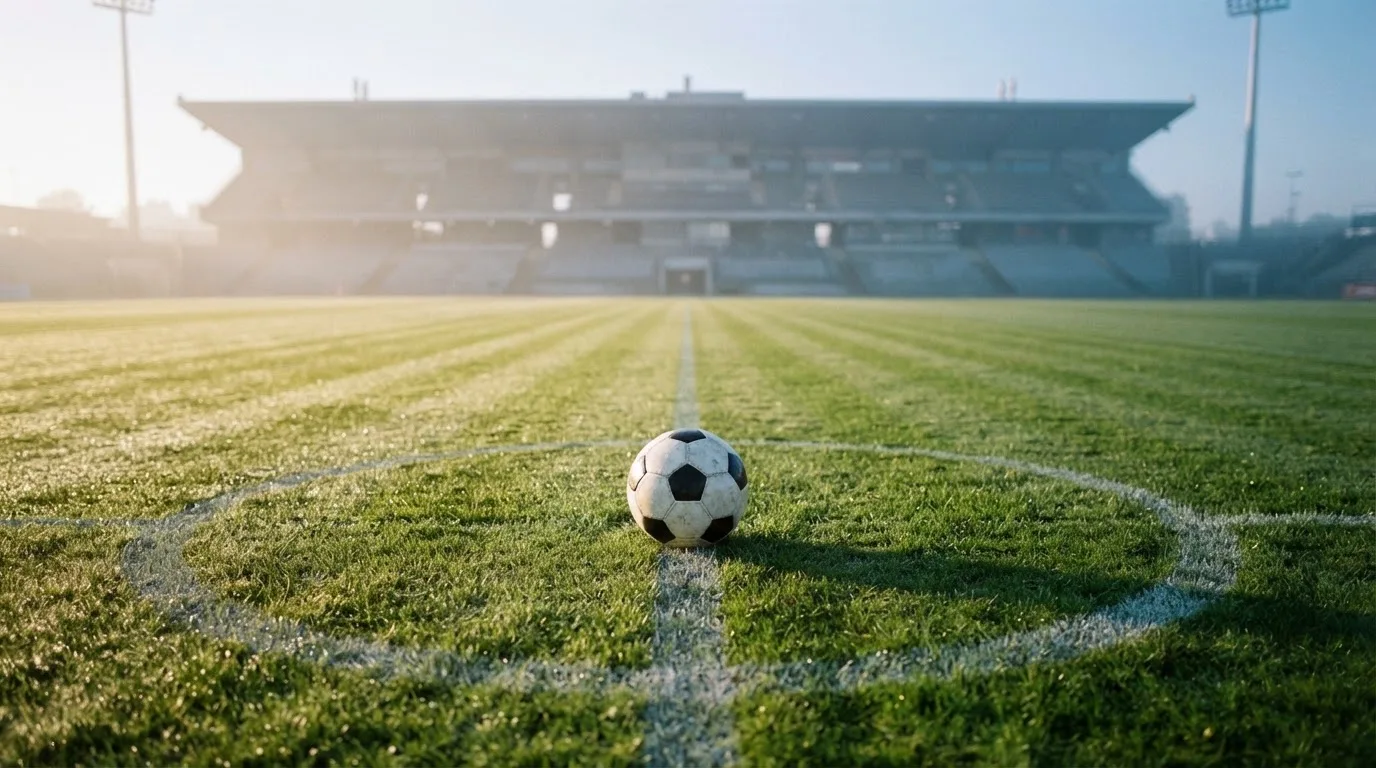 Ein Fußball liegt auf dem Mittelkreis eines leeren Rasenplatzes am frühen Morgen, im Hintergrund eine ferne Tribüne im Dunst.