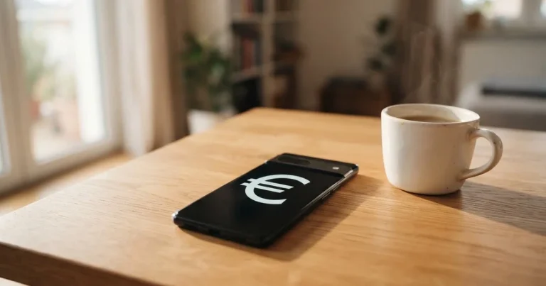 Ein Smartphone mit dunklem Display liegt neben einer Kaffeetasse und einigen Münzen auf einem hellen Holztisch, weiches Tageslicht fällt von links.