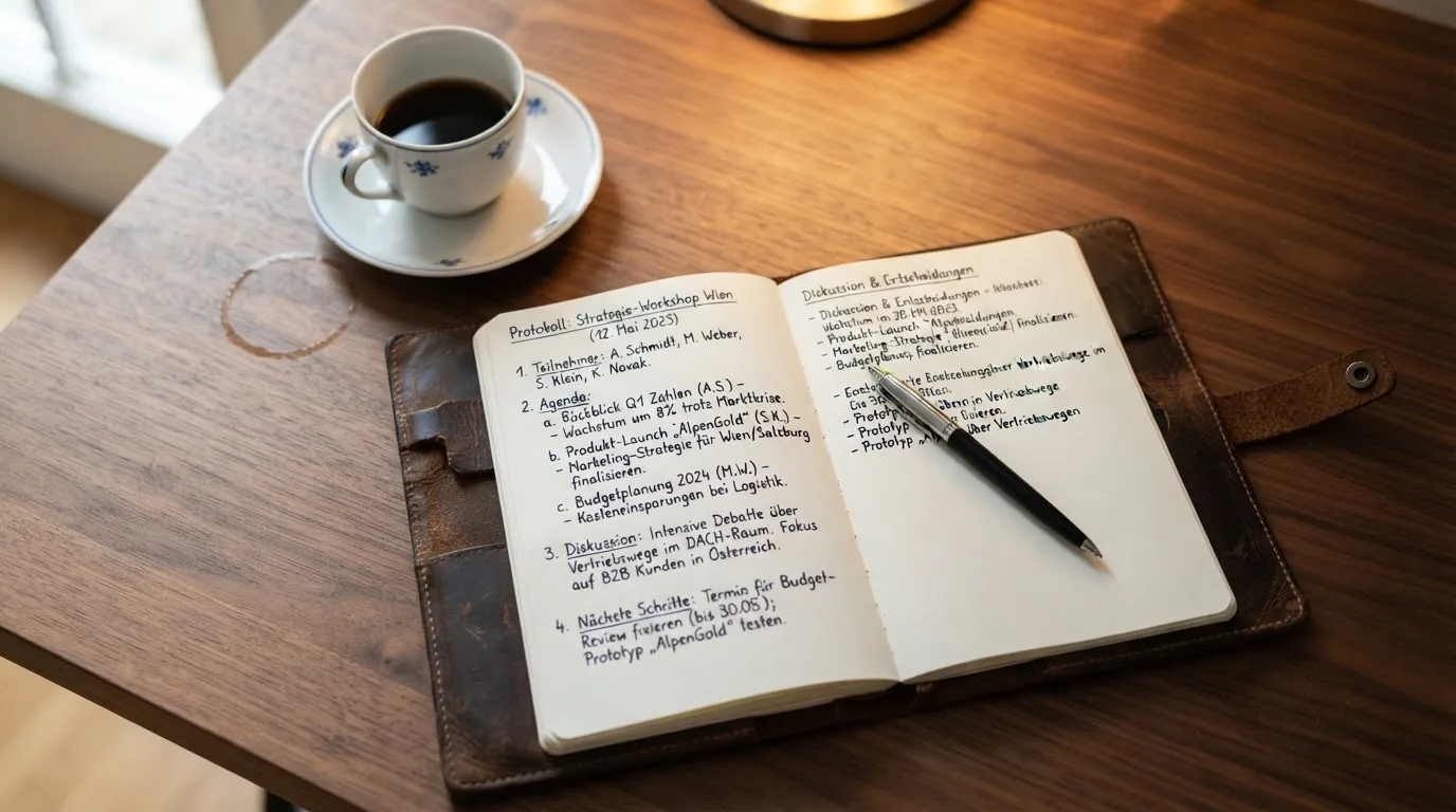 Ein Notizbuch mit handschriftlichen Notizen und ein Kugelschreiber liegen auf einem Schreibtisch neben einer Tasse, Blick schräg von oben.