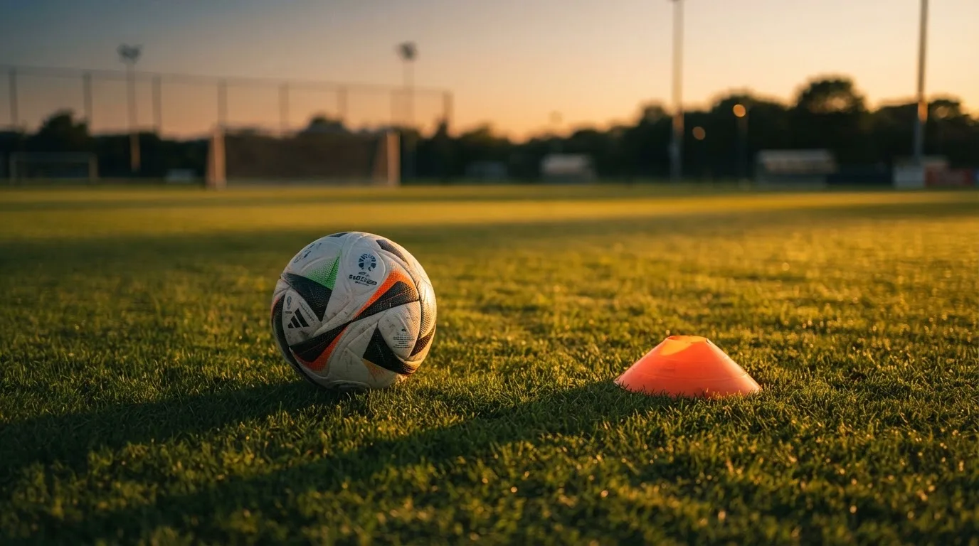 Ein Fußball liegt auf einem Trainingsplatz neben einem orangen Hütchen, Abendlicht fällt flach über den Rasen.