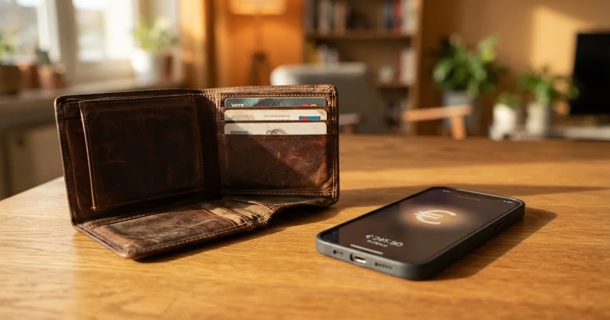 Ein Portemonnaie aus Leder liegt geöffnet auf einem Holztisch neben einem Smartphone mit dunklem Display, Fensterlicht fällt von der Seite.