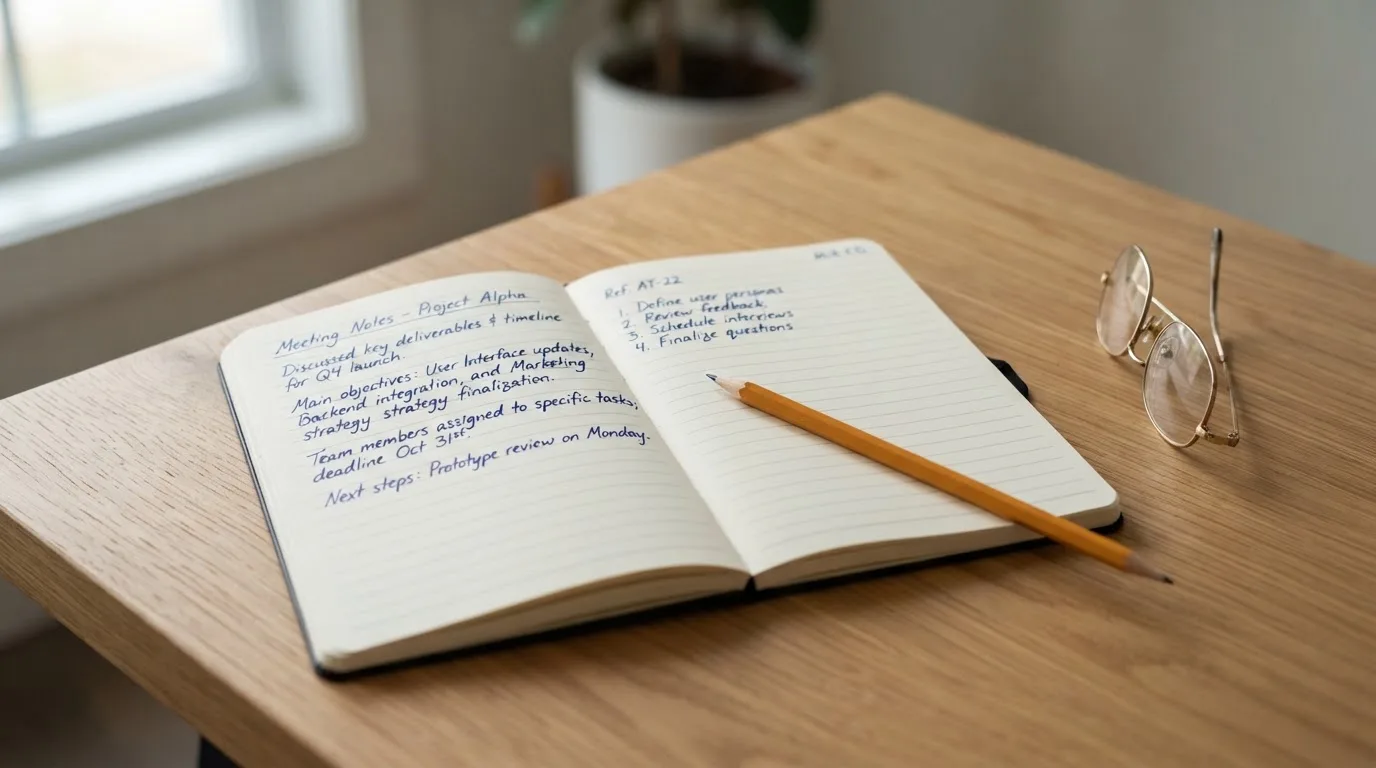 Ein aufgeschlagenes Notizbuch mit handschriftlichen Notizen liegt neben einem Bleistift auf einem Schreibtisch, daneben eine Brille.
