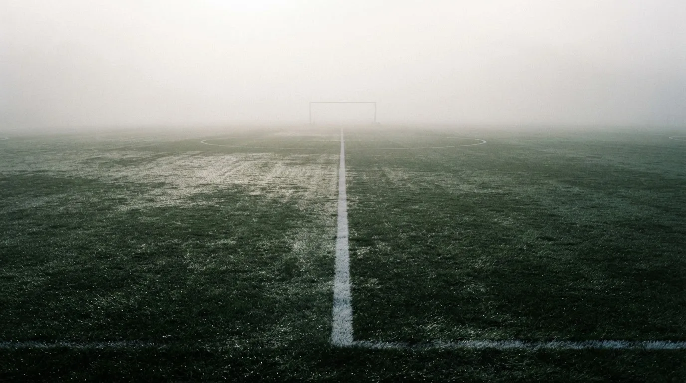 Ein leeres Fußballfeld im Morgennebel, die Mittellinie verliert sich im Dunst, kein Mensch ist zu sehen.