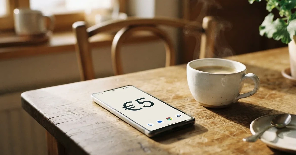 Eine Handvoll Münzen liegt neben einer Kaffeetasse auf einem Küchentisch, im Hintergrund unscharf ein Fenster mit Morgenlicht.