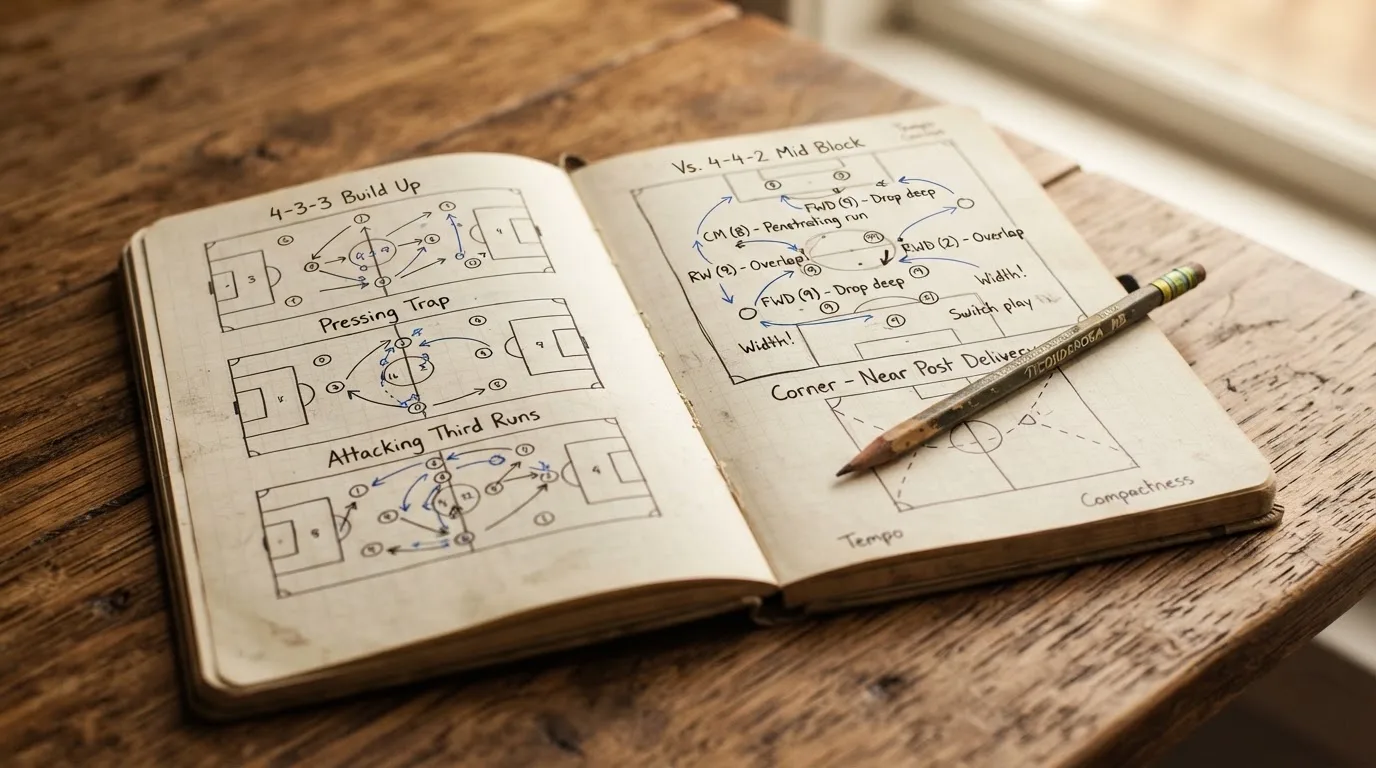 Ein aufgeschlagenes Notizbuch mit handschriftlichen Skizzen und Pfeilen liegt neben einem Bleistift auf einem Holztisch, Tageslicht fällt von der Seite.