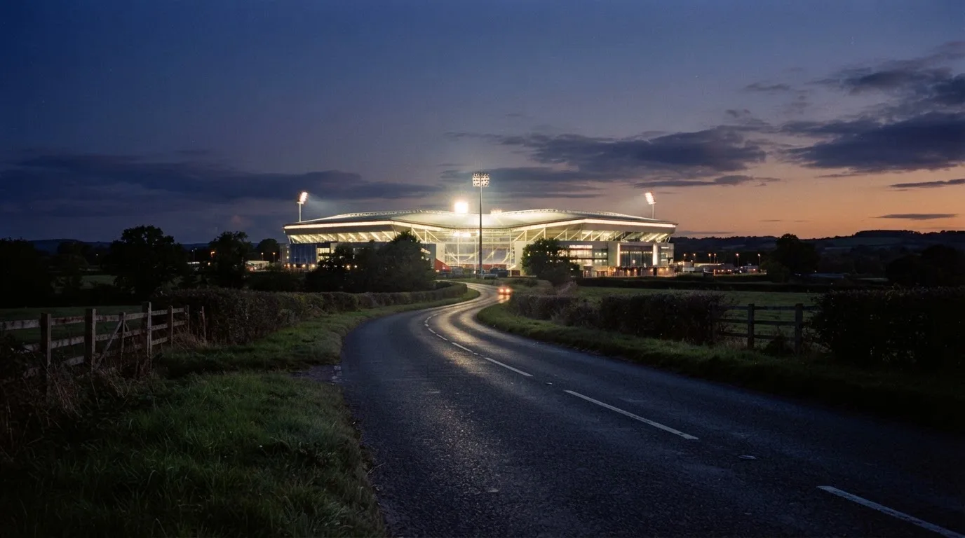 Ein Flutlichtstadion erhebt sich bei Dämmerung in der Ferne hinter einer leeren Landstraße, die Lichter sind eingeschaltet.