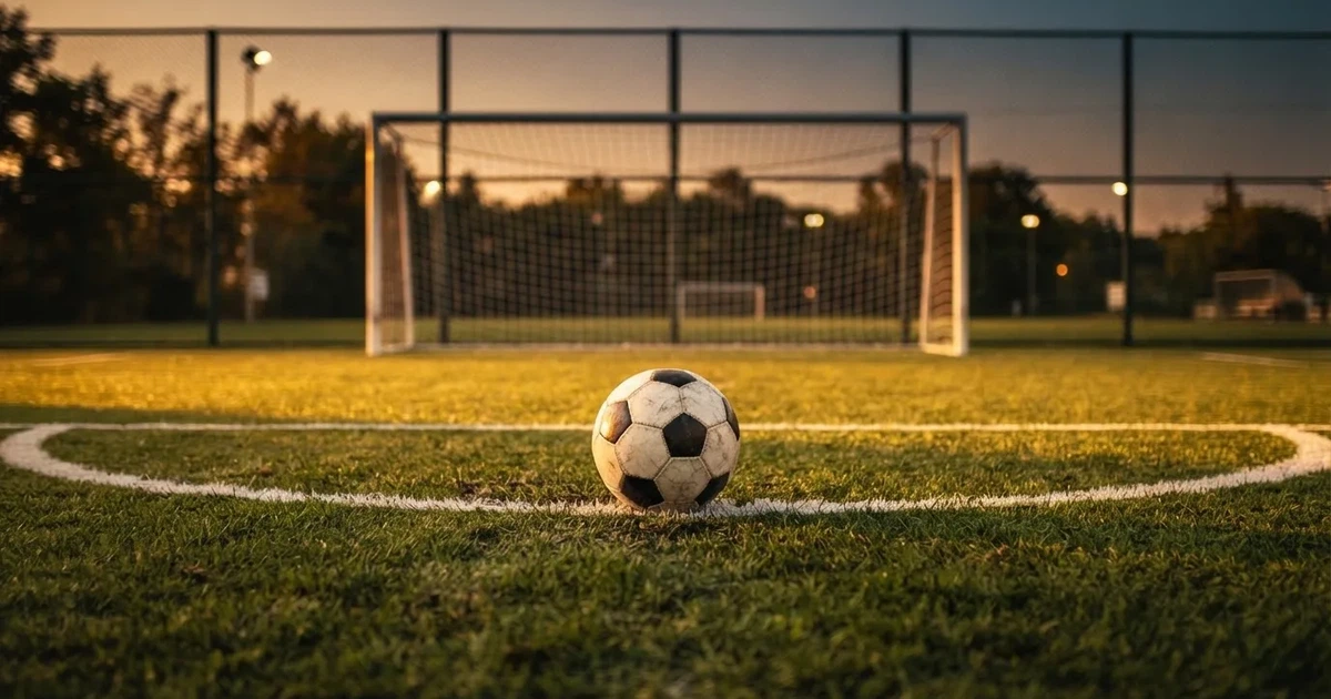 Ein Fußball liegt vor einem leeren Tor auf dem Rasen, das Netz hängt unbewegt, im Hintergrund ein verschwommener Zaun in warmem Abendlicht.