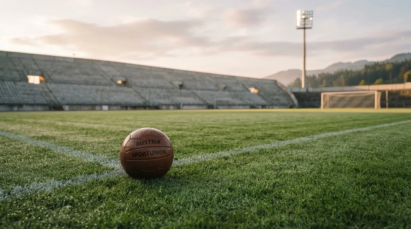 Ein Fußball liegt auf dem Rasen vor einer leeren Tribüne am frühen Morgen, Tau glänzt auf dem Gras.