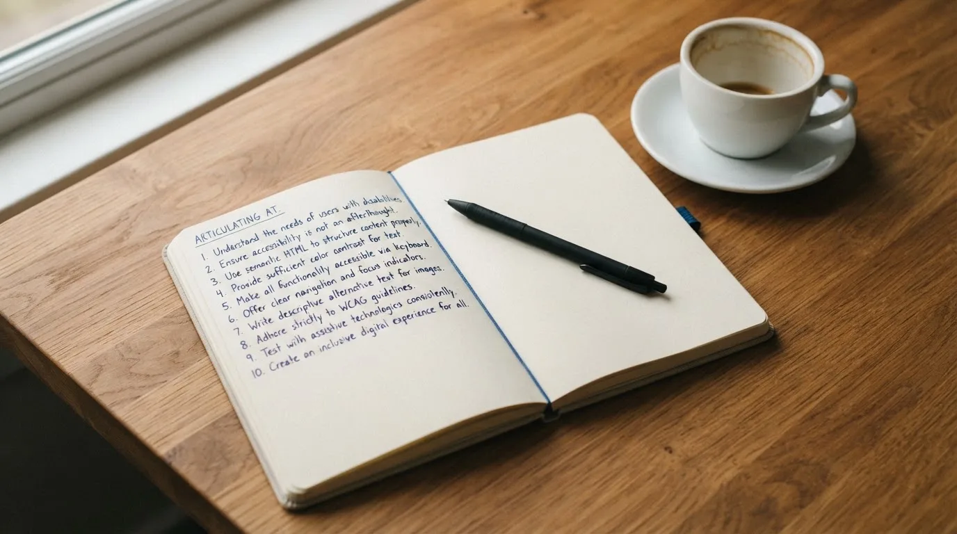 Ein Notizbuch mit handschriftlichen Notizen und ein Kugelschreiber liegen auf einem Schreibtisch neben einer Tasse, Blick schräg von oben.