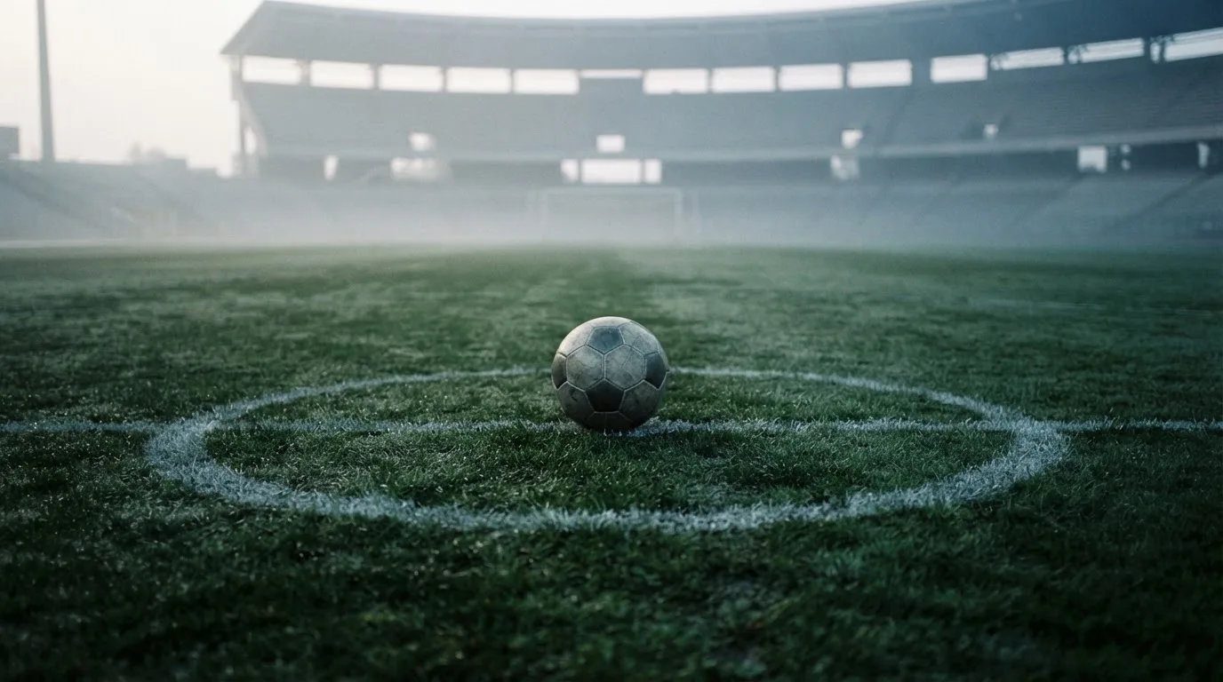 Ein Fußball liegt auf dem Anstoßpunkt eines leeren Rasenplatzes im Morgendunst, im Hintergrund eine ferne Tribüne.