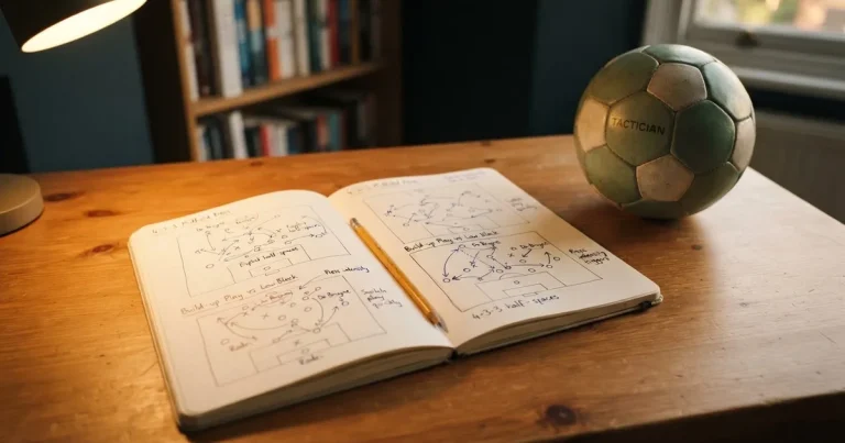 Ein Notizbuch mit handschriftlichen Notizen und kleinen Skizzen liegt aufgeschlagen neben einem Bleistift auf einem Schreibtisch, daneben ein Fußball.