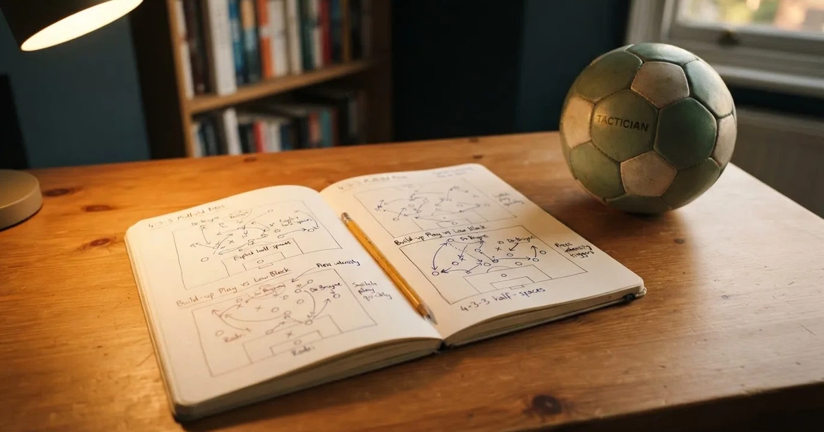 Ein Notizbuch mit handschriftlichen Notizen und kleinen Skizzen liegt aufgeschlagen neben einem Bleistift auf einem Schreibtisch, daneben ein Fußball.