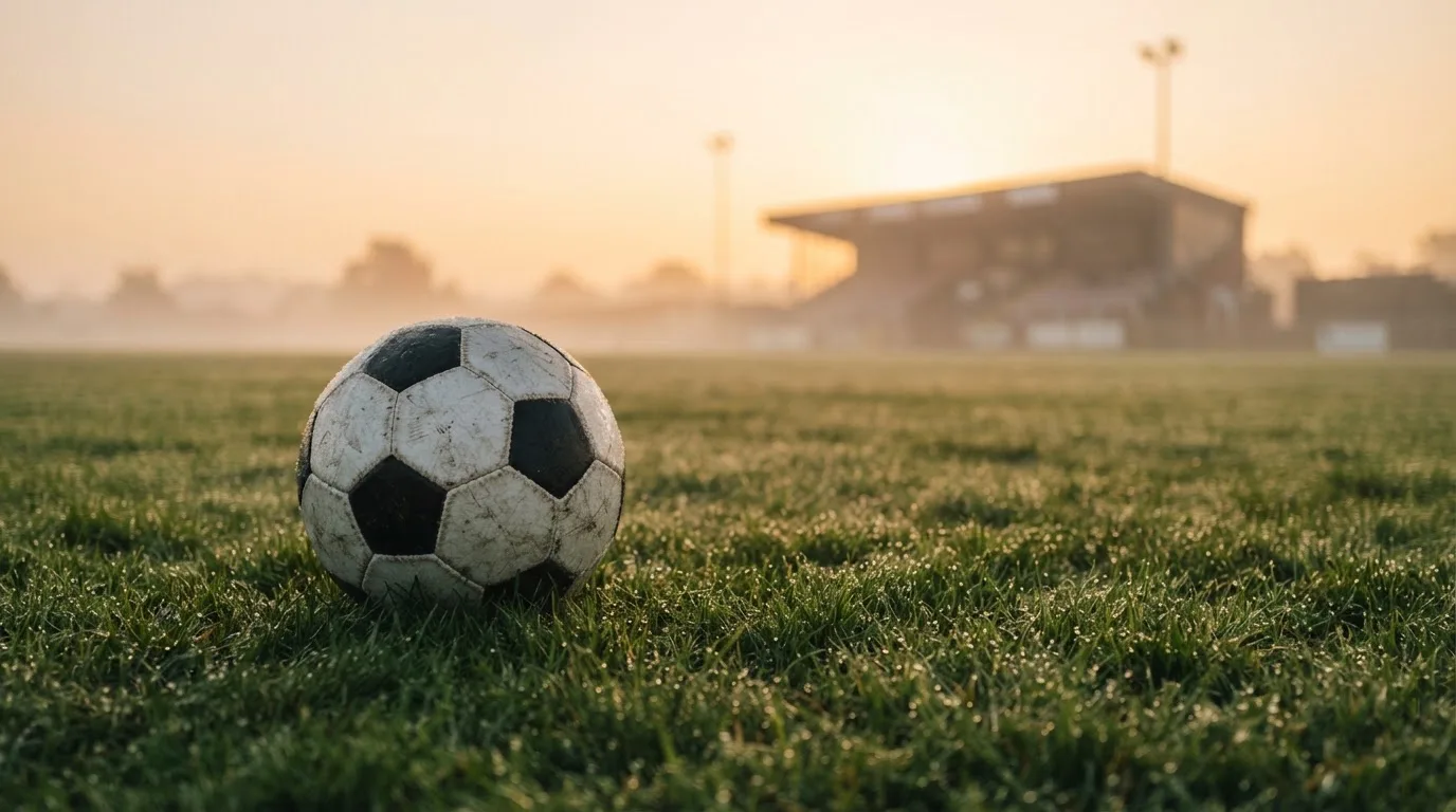 Ein Fußball liegt auf einem Rasenplatz, im Hintergrund eine ferne Tribüne im Morgendunst, Tau glänzt im Gras.