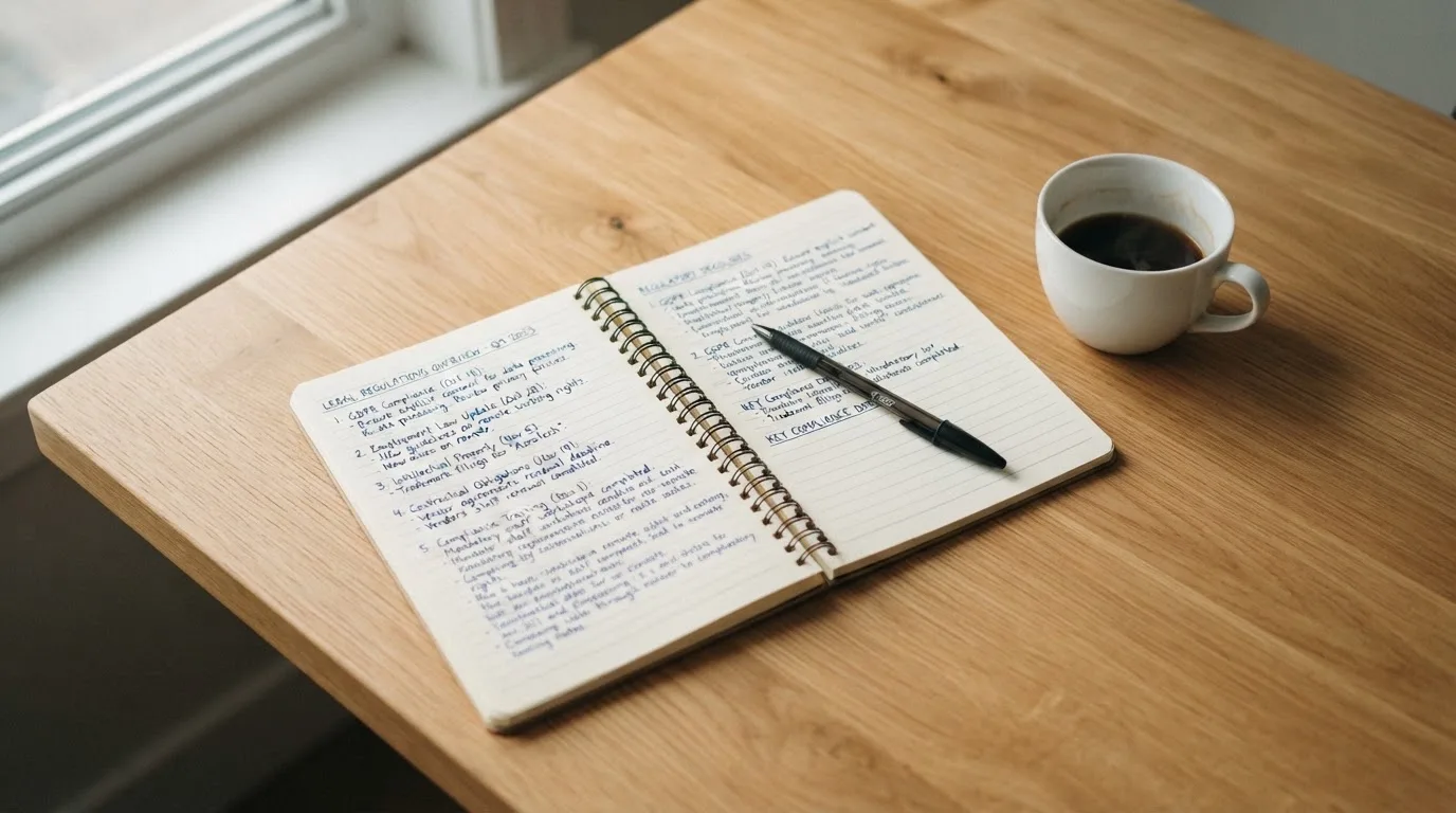 Ein Notizbuch mit handschriftlichen Notizen und ein Kugelschreiber liegen auf einem Schreibtisch neben einer Tasse, Blick schräg von oben.