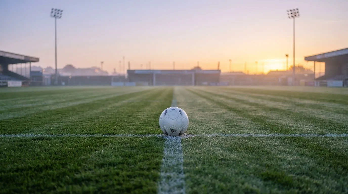 Ein Fußball liegt auf dem Mittelkreis eines leeren Rasenplatzes am frühen Morgen, im Hintergrund eine ferne Tribüne im Dunst.