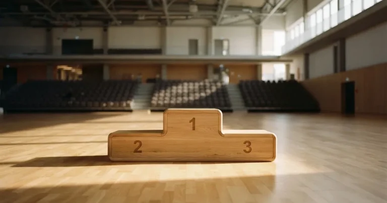 Ein Podium aus hellem Holz steht in einer leeren Sporthalle unter Hallenlicht, ohne Beschriftung oder Zahlen, niemand ist zu sehen.