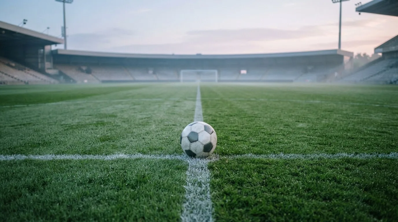 Ein Fußball liegt auf dem Mittelkreis eines leeren Rasenplatzes am frühen Morgen, im Hintergrund eine ferne Tribüne im Dunst.