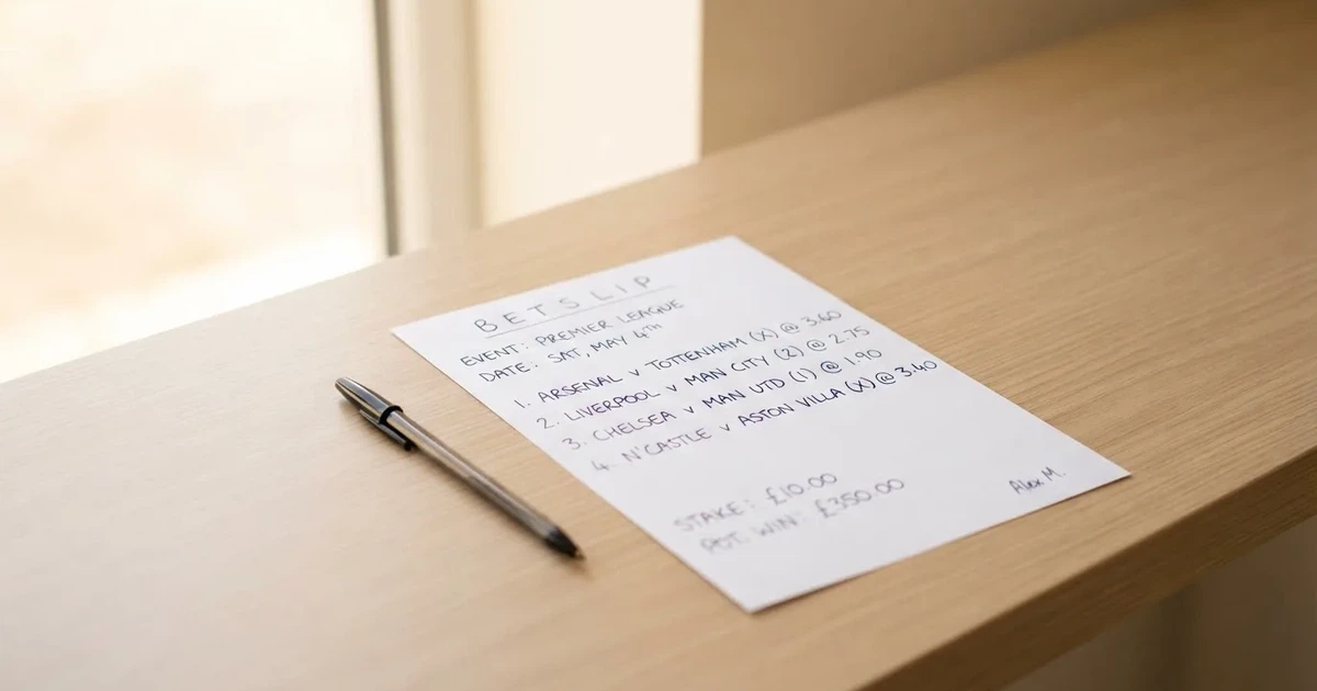 Ein leerer Papier-Wettschein ohne Aufdruck liegt neben einem Kugelschreiber auf einem hellen Tresen, weiches Seitenlicht.
