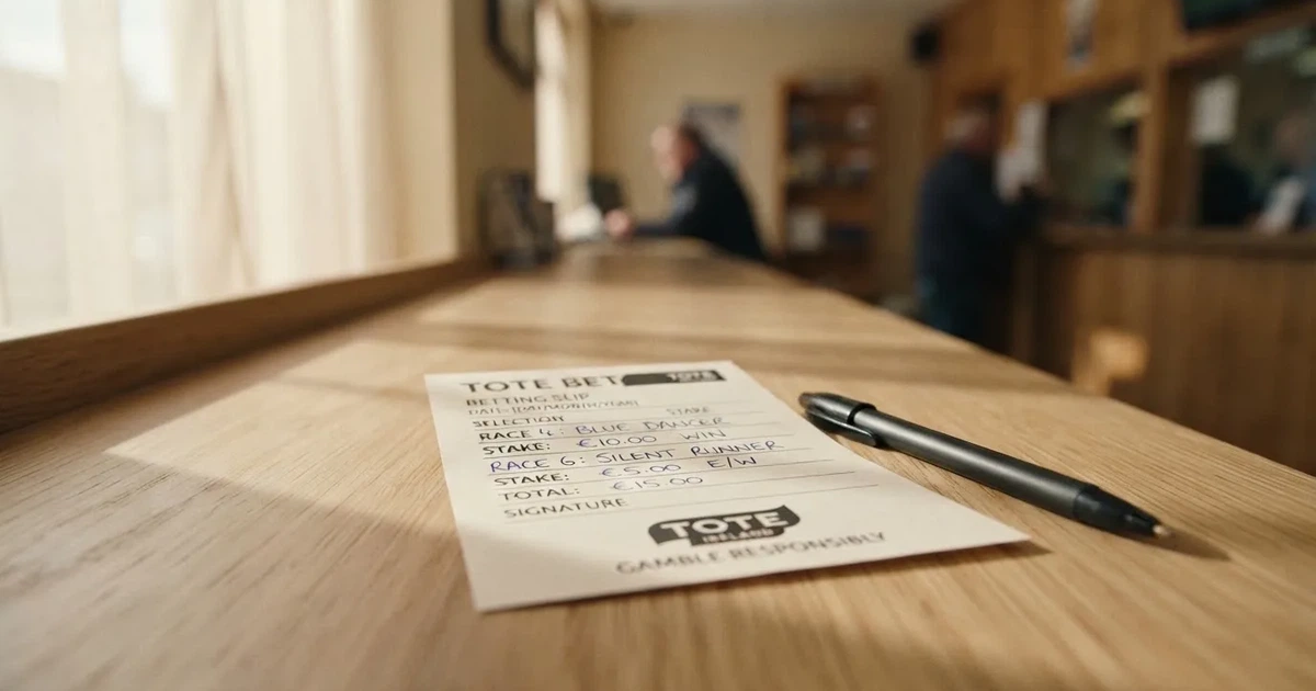 Ein leerer Papier-Wettschein ohne Aufdruck liegt neben einem Kugelschreiber auf einem hellen Tresen, weiches Seitenlicht.