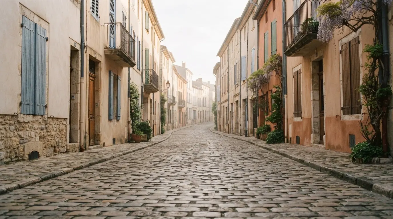 Ein ruhiger Straßenzug in einer Altstadt am Vormittag, helle Fassaden, keine Schilder, niemand ist zu sehen.