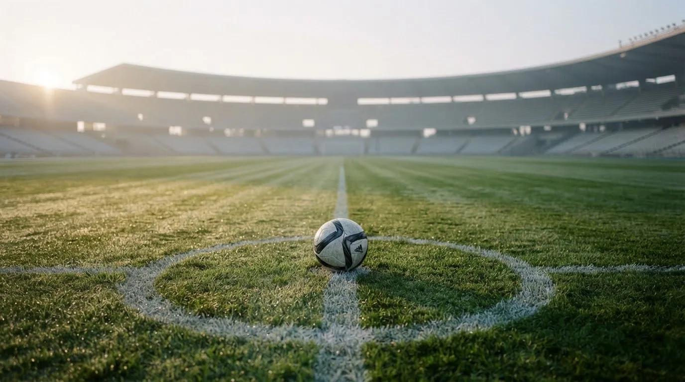 Ein Fußball liegt auf dem Mittelkreis eines leeren Rasenplatzes am frühen Morgen, im Hintergrund eine ferne Tribüne im Dunst.