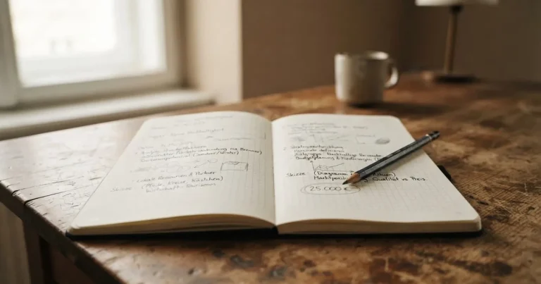 Ein Notizbuch mit handschriftlichen Notizen und kleinen Skizzen liegt aufgeschlagen neben einem Bleistift auf einem Schreibtisch, Fensterlicht von links.