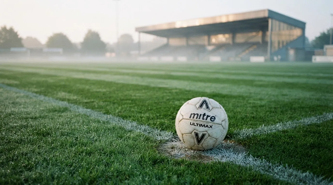 Ein Fußball liegt auf dem Anstoßpunkt eines leeren Rasenplatzes im Morgendunst, im Hintergrund eine ferne Tribüne.