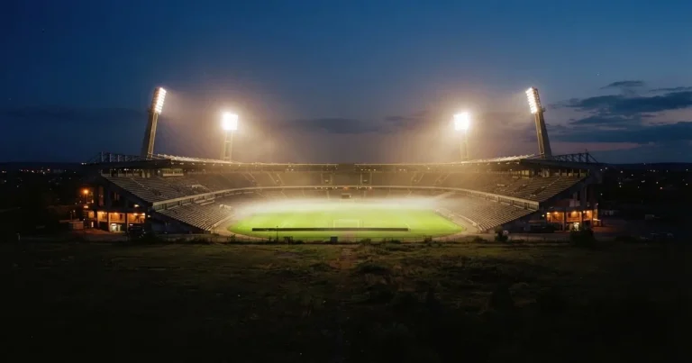 Ein Stadion unter Flutlicht aus der Ferne am Abend, hell erleuchtet, Nebel liegt über dem Rasen.