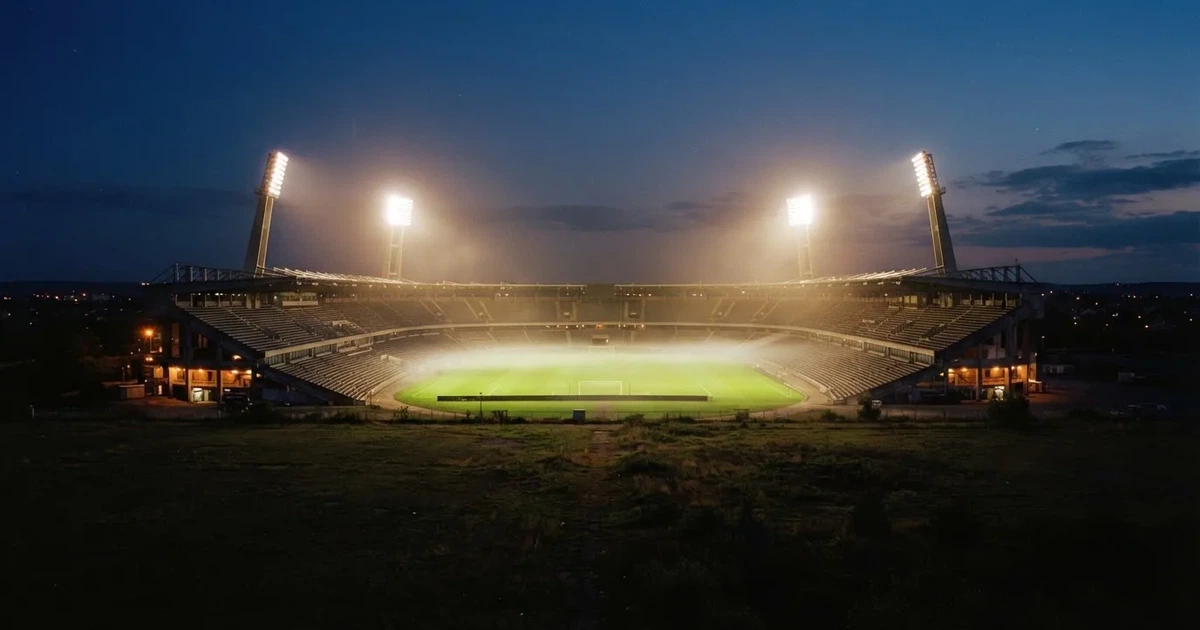 Ein Stadion unter Flutlicht aus der Ferne am Abend, hell erleuchtet, Nebel liegt über dem Rasen.