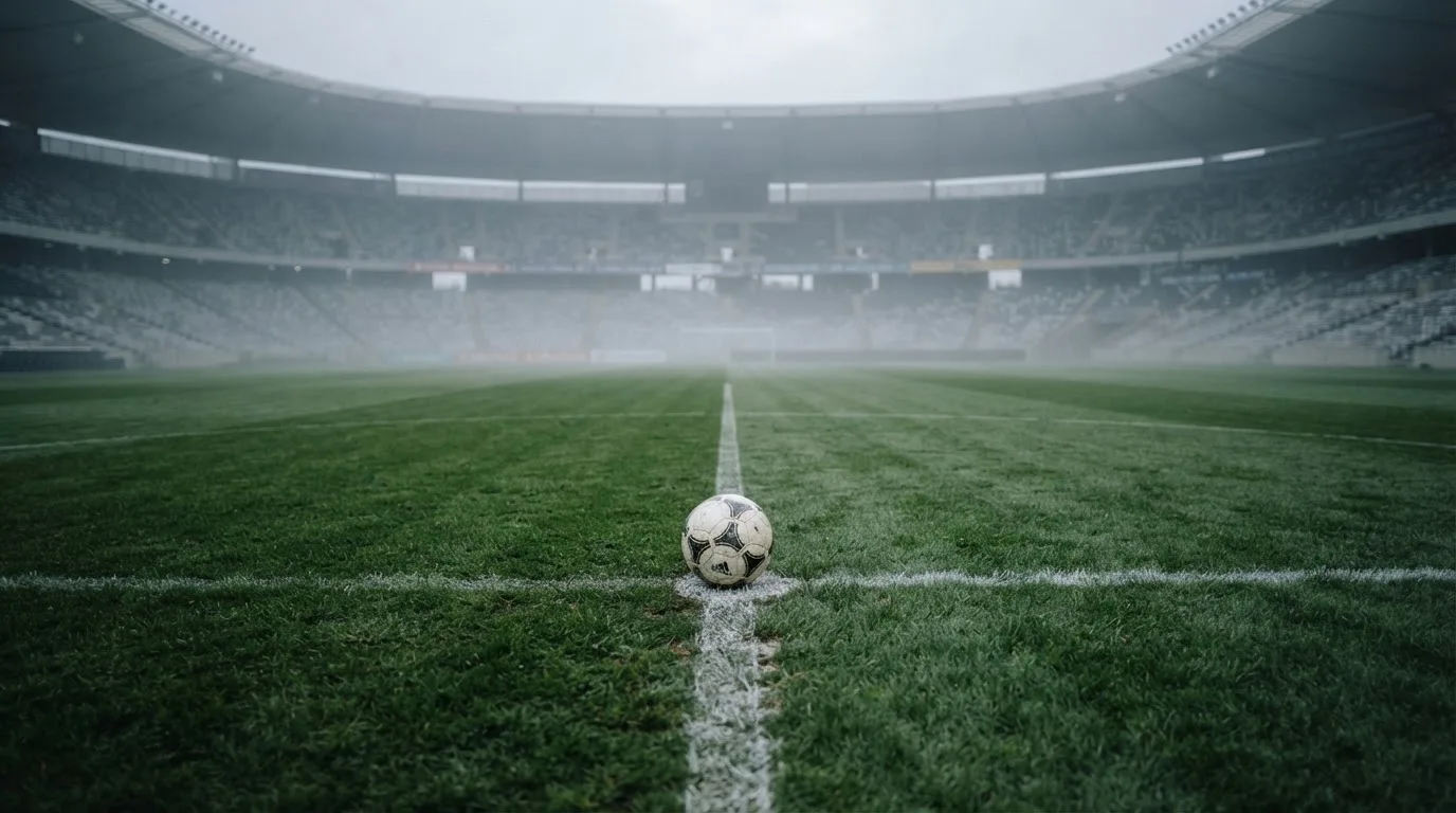 Ein Fußball liegt auf dem Anstoßpunkt eines leeren Rasenplatzes im Morgennebel, im Hintergrund verschwimmen die Tribünen.
