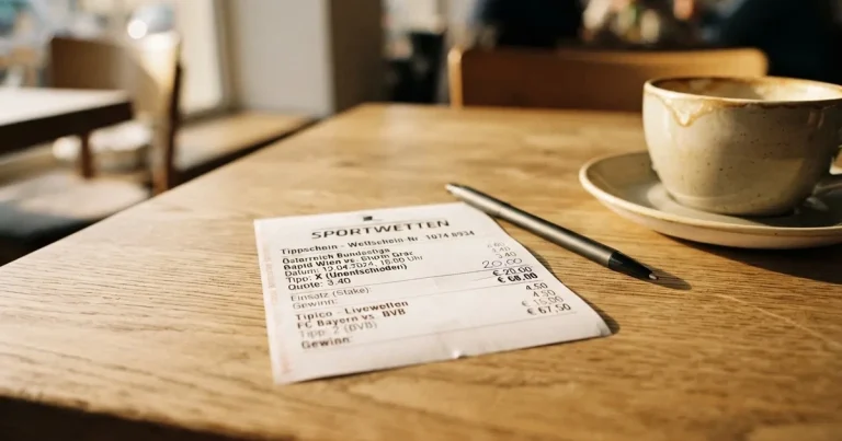 Ein leerer Wettschein aus Papier und ein Kugelschreiber liegen auf einem hellen Holztisch neben einer Kaffeetasse im warmen Seitenlicht.
