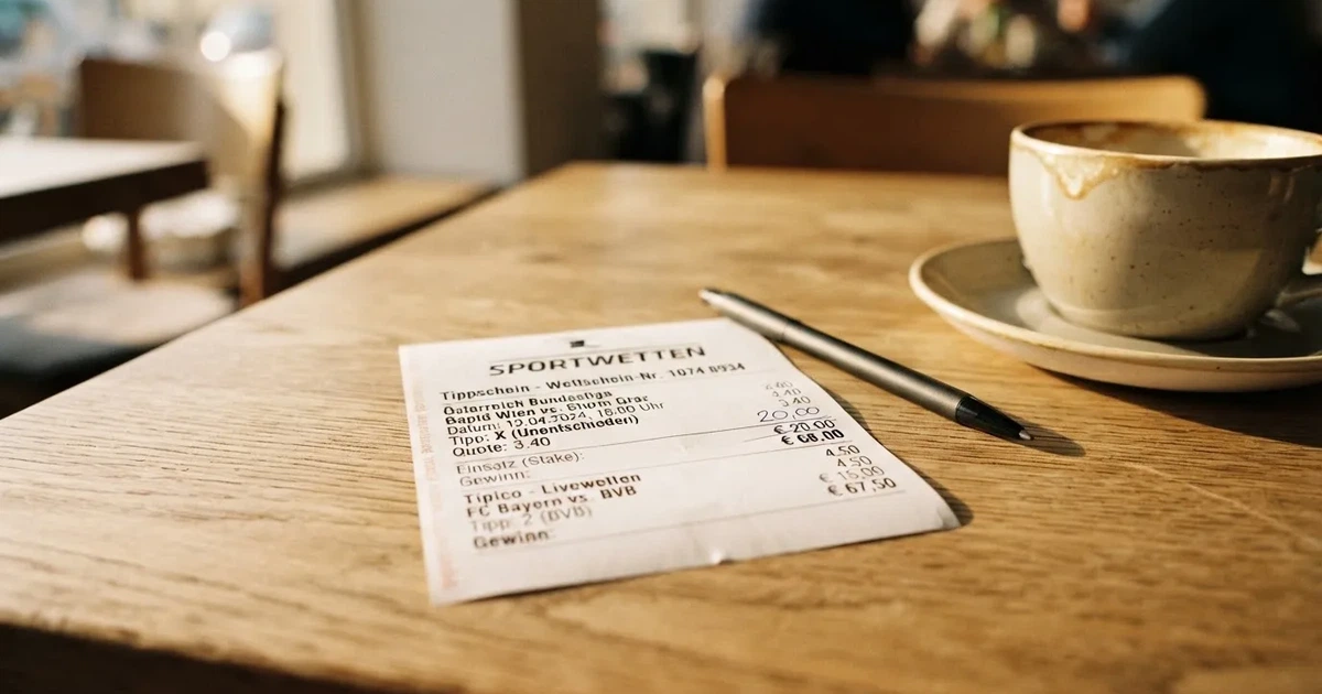 Ein leerer Wettschein aus Papier und ein Kugelschreiber liegen auf einem hellen Holztisch neben einer Kaffeetasse im warmen Seitenlicht.