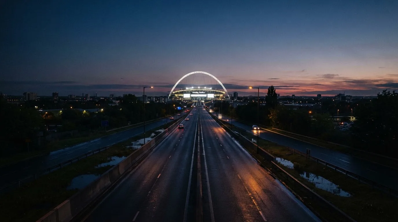 Ein Stadion unter Flutlicht aus großer Entfernung gesehen, davor eine nasse Straße in der Abenddämmerung.