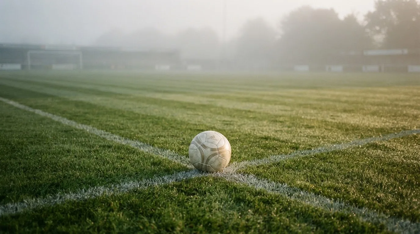 Ein Fußball liegt auf dem Anstoßpunkt eines leeren Rasenplatzes im Morgennebel.