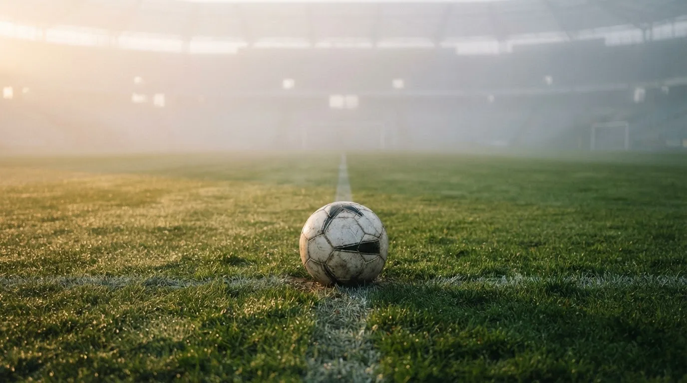 Ein Fußball liegt auf dem Anstoßpunkt eines leeren Rasenplatzes im Morgennebel.