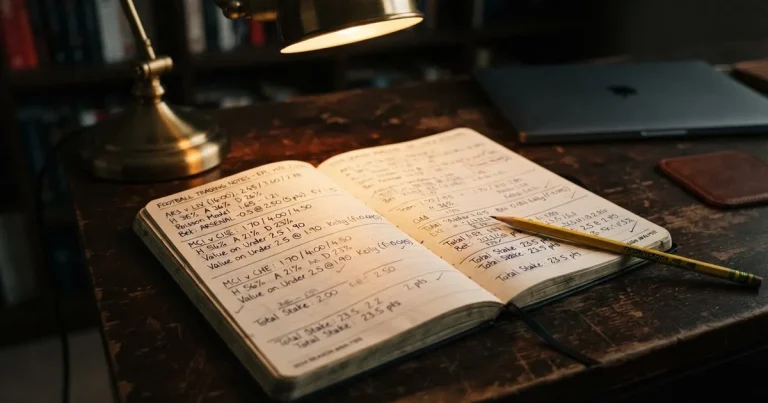 Ein aufgeschlagenes Notizbuch mit handschriftlichen Notizen und ein Bleistift liegen auf einem Schreibtisch im Licht einer Lampe.