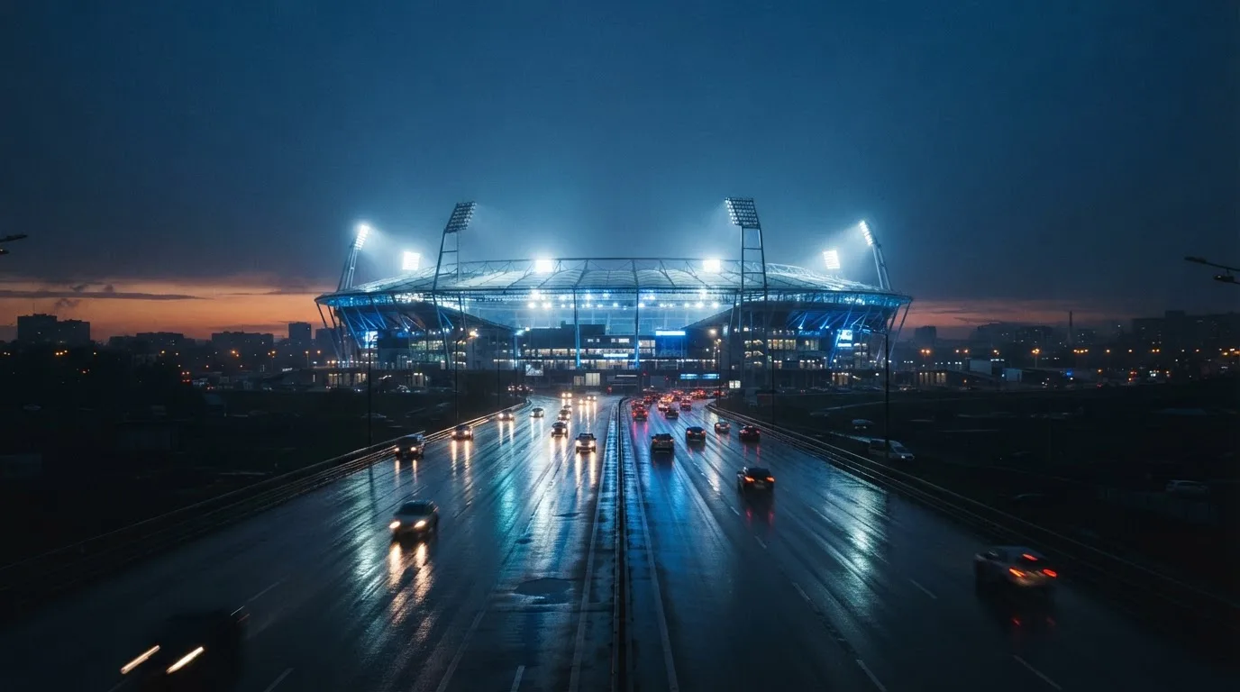 Ein Stadion unter Flutlicht aus großer Entfernung gesehen, davor eine regennasse Straße in der Dämmerung.
