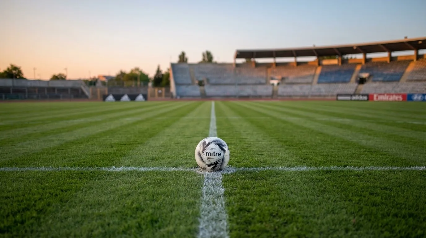Ein Fußball liegt auf dem Anstoßpunkt eines leeren Rasenplatzes, dahinter eine menschenleere Tribüne im weichen Abendlicht.