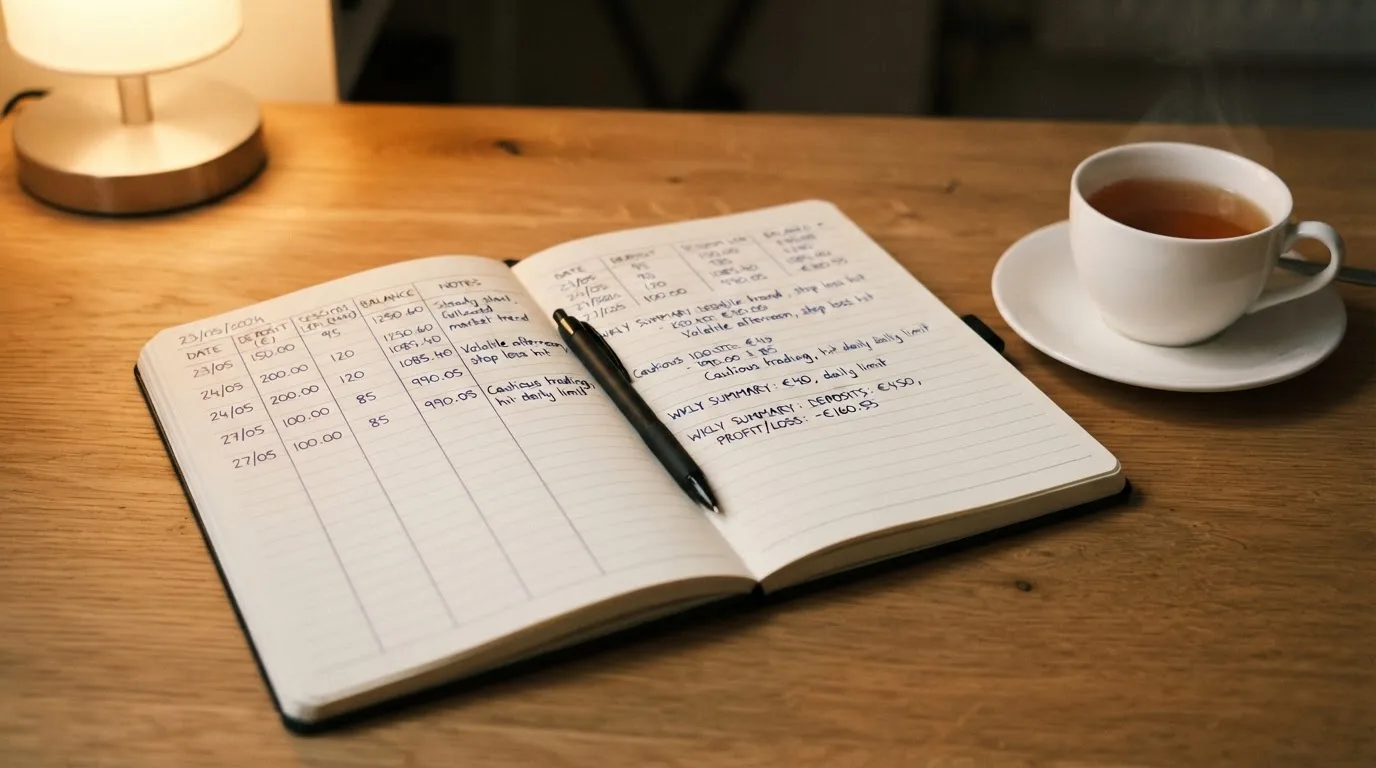 Ein aufgeschlagenes Notizbuch mit handgeschriebenen Notizen und ein Kugelschreiber liegen auf einem Schreibtisch neben einer Tasse Tee.