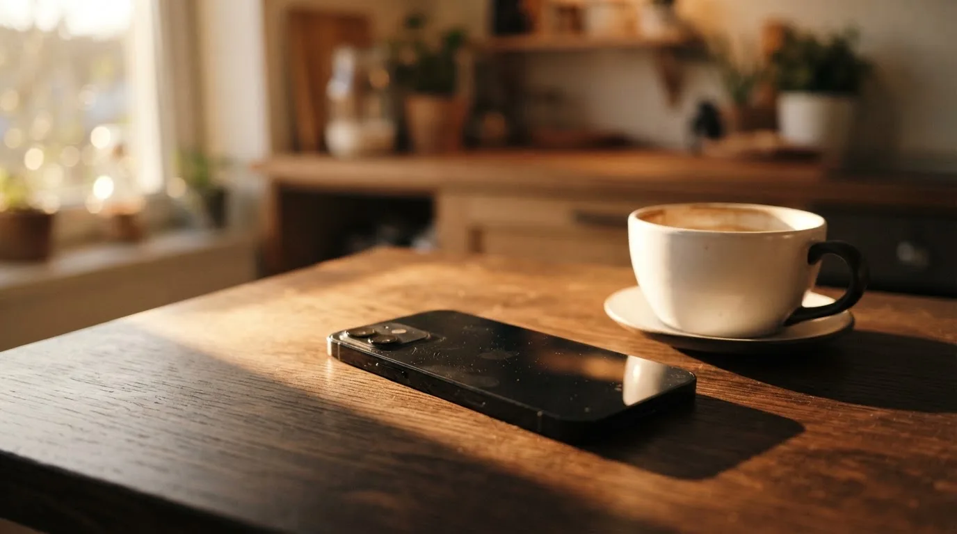 Ein Smartphone mit dunklem Display liegt auf einem Holztisch neben einer Tasse Kaffee, am Fenster fällt Abendlicht.