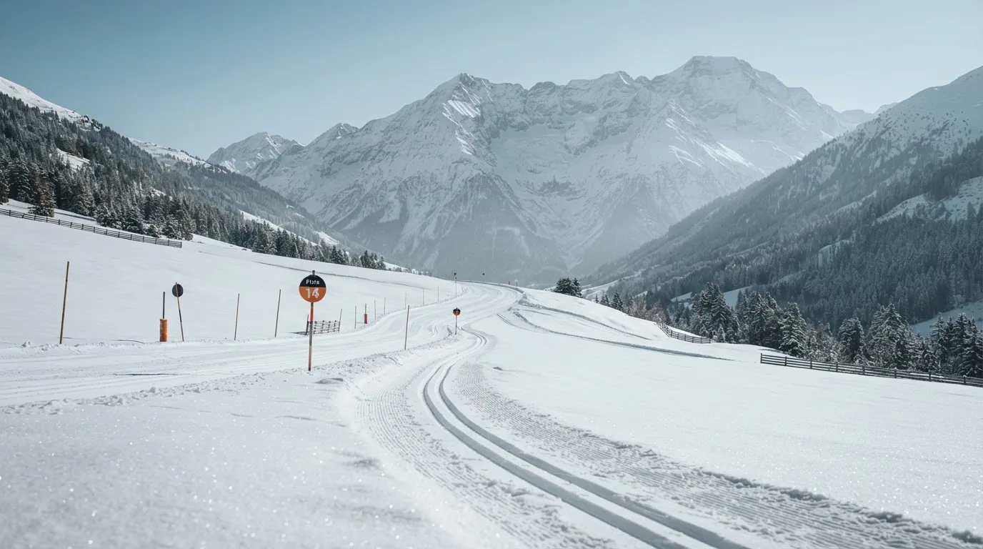 Eine Skipiste in winterlichem Licht mit frischen Spuren im Schnee und einer Bergkulisse im Hintergrund, ohne Menschen.