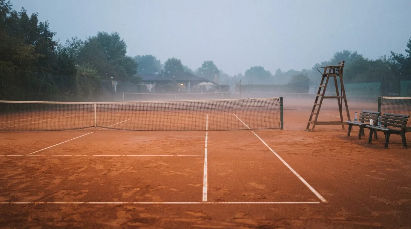 Ein Tennisplatz im Morgengrauen mit Netz und Linien, über dem Sandboden hängt leichter Nebel und die Bänke sind leer.