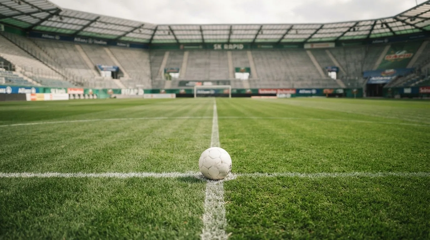 Ein Fußball liegt auf dem Anstoßpunkt eines leeren Rasenplatzes, dahinter eine leere Tribüne in weichem Licht.