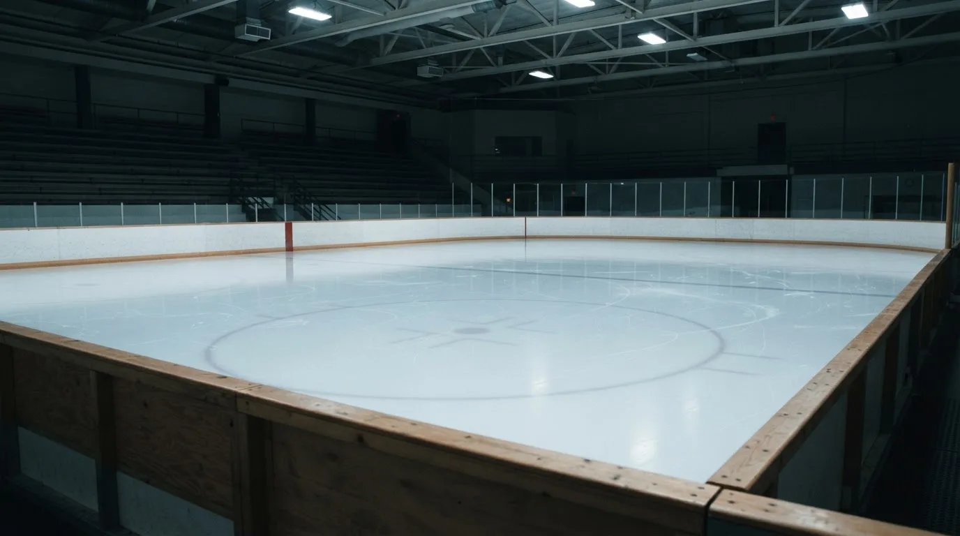 Eine leere Eisfläche in einer Halle mit Bande, das Eis zeigt feine Kratzspuren im kühlen Licht der Deckenlampen.