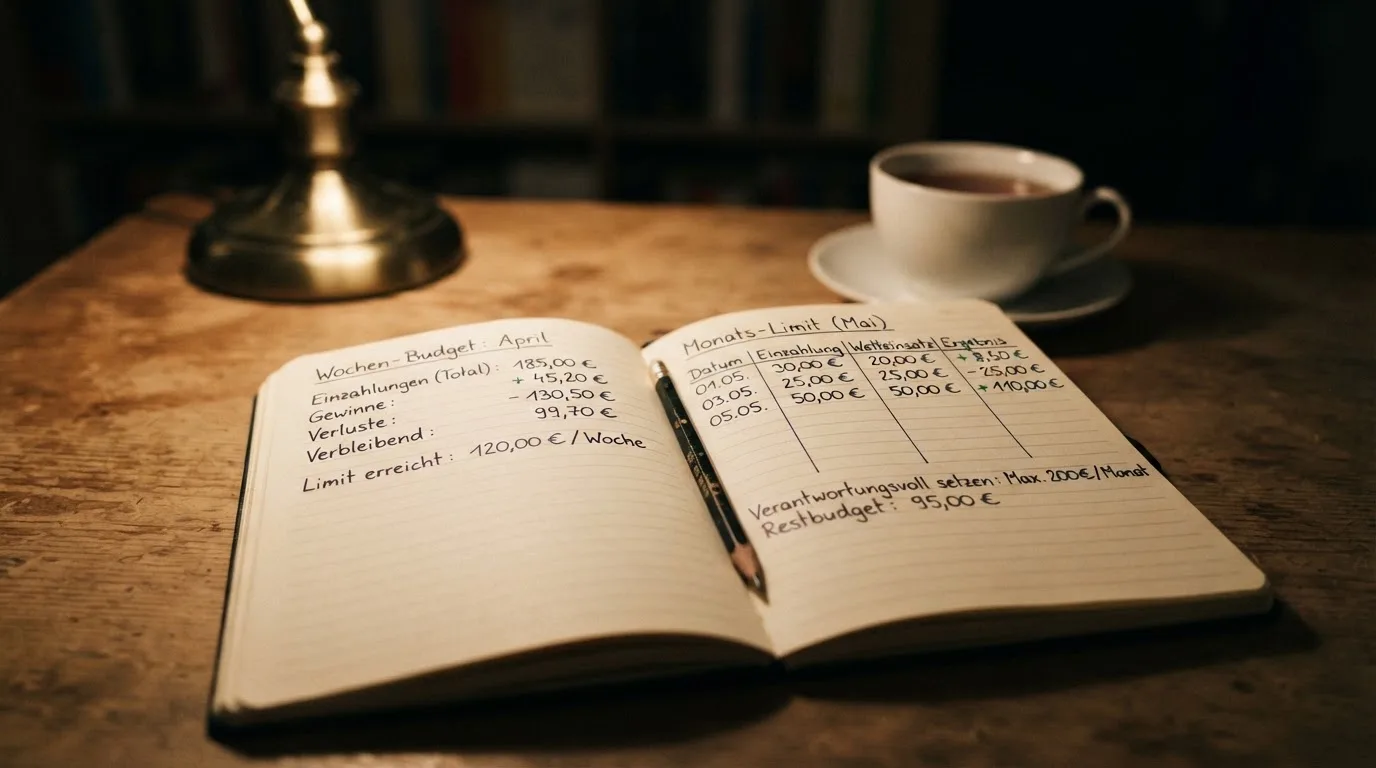 Ein aufgeschlagenes Notizbuch mit handgeschriebenen Rechnungen und ein Bleistift auf einem Schreibtisch, daneben eine Tasse Tee.