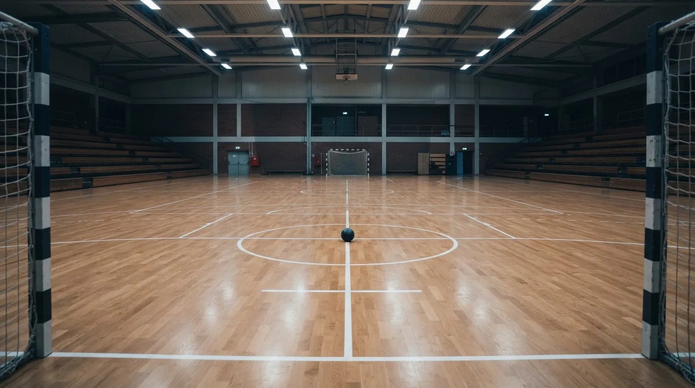Ein leerer Handballplatz in einer Halle, auf dem Parkett liegt ein einzelner Ball unter dem gedämpften Licht der Deckenlampen.