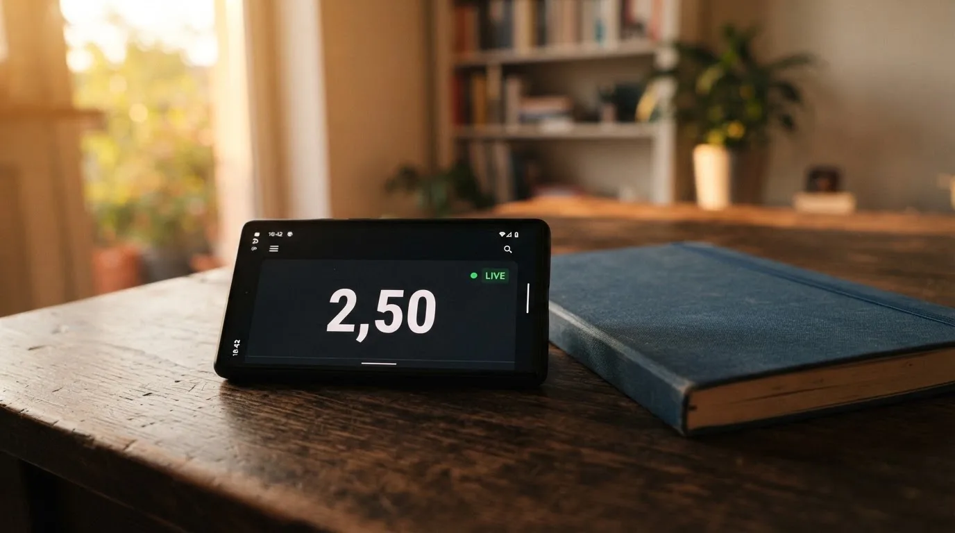 Ein Smartphone mit dunklem Display liegt auf einem Holztisch neben einem Notizbuch, durch das Fenster fällt Abendlicht.
