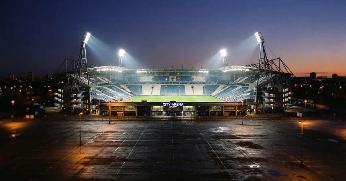 Ein Fußballstadion unter Flutlicht aus großer Entfernung gesehen, die Lichtkegel stehen im dunklen Abendhimmel über leeren Parkplätzen.