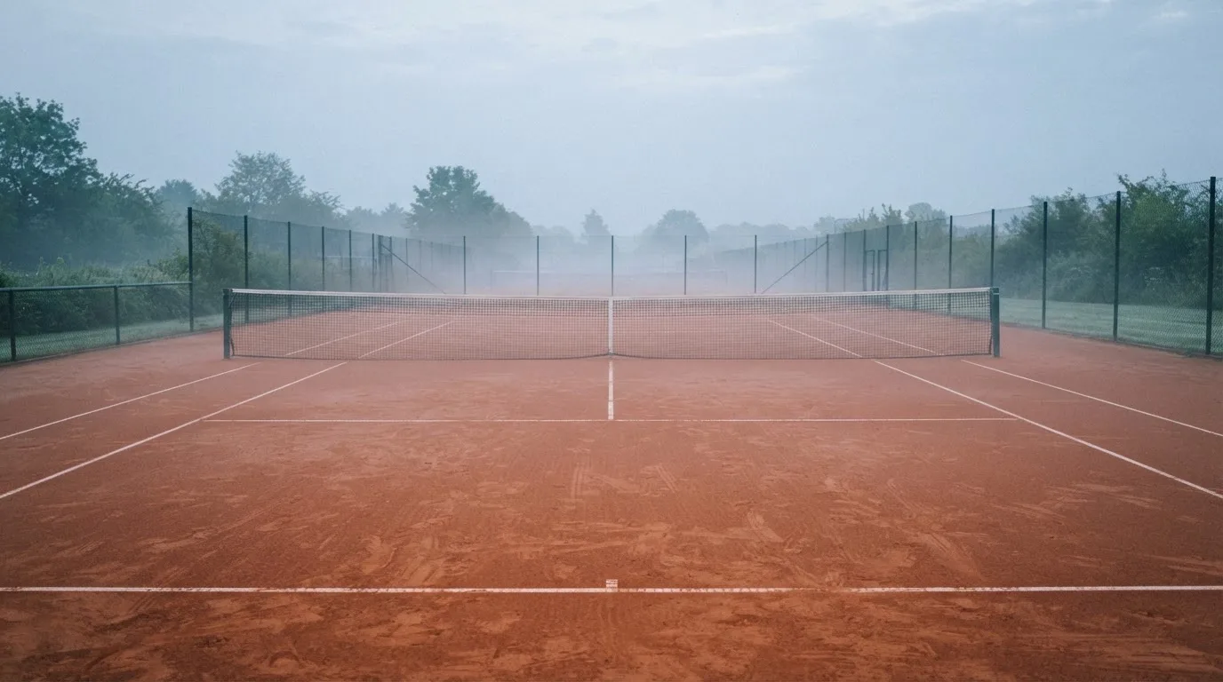 Ein Tennisplatz im Morgengrauen mit Netz und Linien, über dem Sandboden liegt leichter Nebel und niemand ist zu sehen.