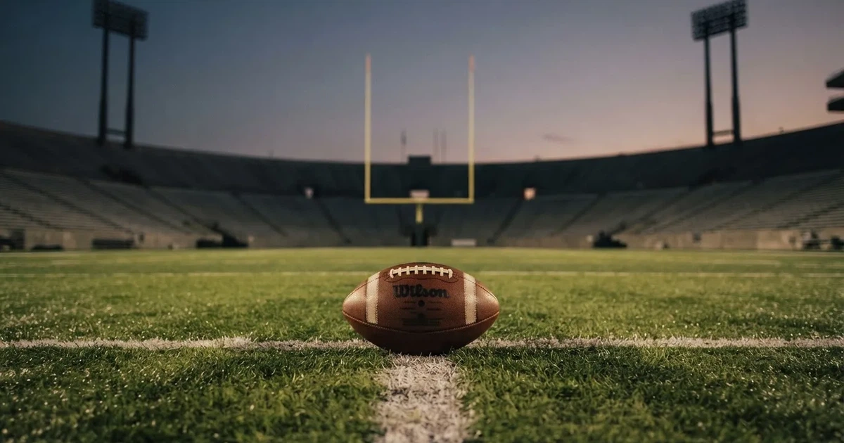 Ein ovaler Football liegt auf dem Rasen vor den gelben Torstangen eines leeren Stadions in der Abenddämmerung.